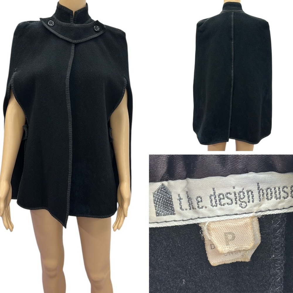 Vintage Wool The Design House Black Structured Flowy Cape Cloak Coat Petite S
